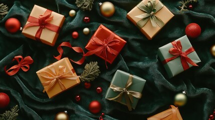 Check out this holiday-themed arrangement. It has various gift boxes with colorful ribbons against a green velvet background. There are also festive elements like red beads and green baubles.