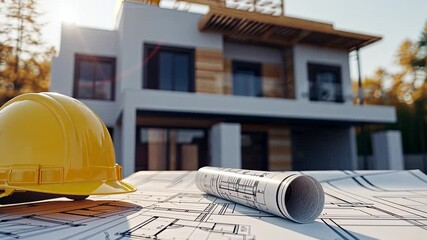 Construction Dreams:  A yellow hardhat rests atop blueprints,  a modern house under construction in the background,  representing the vision and expertise needed to build a dream home.  