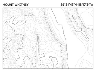 Obraz premium Contour map of Mount Whitney illustrating elevation lines with geographic coordinates for accurate referencing. Topographic map vector.