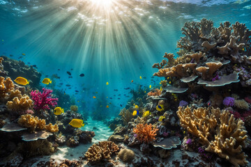 Fototapeta premium A vibrant underwater coral reef scene, with colorful corals of varying shapes and sizes, illuminated by rays of sunlight filtering through the water, creating a serene, enchanting landscape