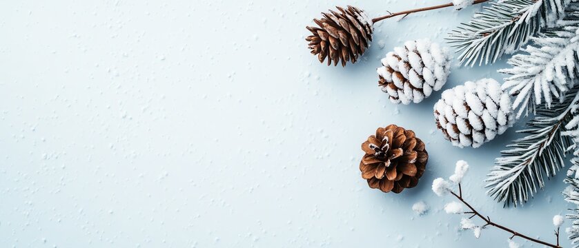 Winter scene with snow-covered pinecones and evergreen branches on a light blue background. Perfect for holiday or seasonal design projects.