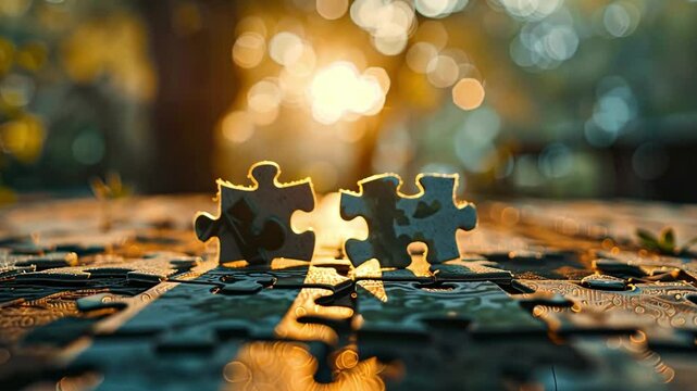 Sunset Puzzle Pieces: Two puzzle pieces stand out against the backdrop of a setting sun, symbolizing connection, solutions, and the beauty of collaboration.
