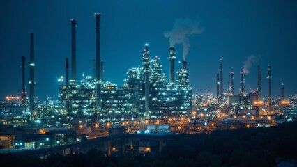 Illuminated industrial complex at night with smoke emissions and twinkling lights