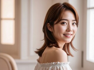 Naklejka premium Warm Hues of SerenitySoft-Focus Portrait of a Young Korean Woman with Chestnut Brown Hair