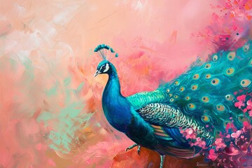 Fototapeta premium Vibrant Peacock Among Blossoms: Artistic Representation of Elegance with Bold Colors, Graceful Posture, and Whimsical Background in Pink and Green Tones.