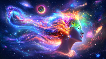 more short
A woman&rsquo;s profile against a vibrant, swirling cosmos; her hair transforms into nebulae and stars, eyes closed in tranquility.