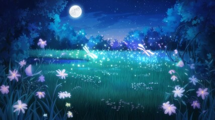 Fototapeta premium Anime scene of a magical meadow illuminated by a bright full moon. Delicate flowers glow softly, and fireflies float around a small pond. Wallpaper landscape