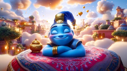 A blue genie with a happy expression sits on a magic carpet with a golden lamp in front of him, resting his arms on his knees. The genie is surrounded by clouds and a city in the distance.
