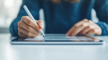 A person writes on a tablet using a stylus pen, engaging with digital content in a modern, tech-savvy environment.