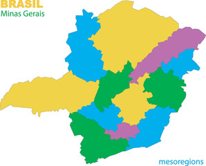 Map of the territory of the state of Minas Gerais with divisions by highlighted mesoregions, vector with simple lines of political divisions
