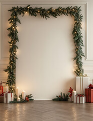 Festive holiday backdrop with garland and gifts, perfect for seasonal photography. warm glow of candles and twinkling lights creates cozy atmosphere
