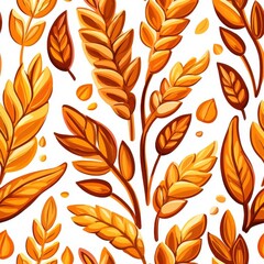 Flat style seamless pattern wheat stalks, evenly spaced, isolated on white background.