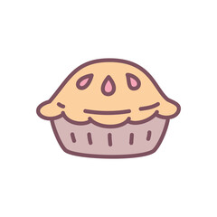 Cute pie icon. Hand drawn illustration of a pumpkin pie isolated on a white background. Kawaii Thanksgiving day sticker. Vector 10 EPS.
