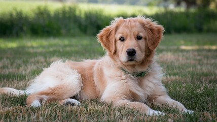 A photo of the world's most adorable puppy. The puppy is a golden retriever and is lying down on a...