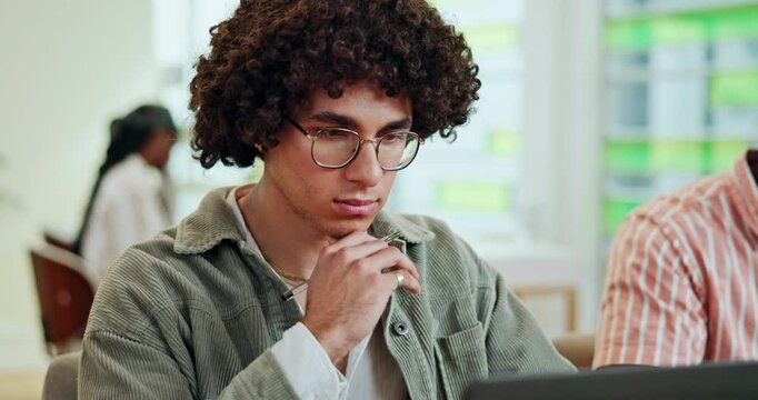 University, student and thinking with laptop for education, studying and research for thesis solution. Journalism class, man and reading with glasses for article project, editing proposal and typing