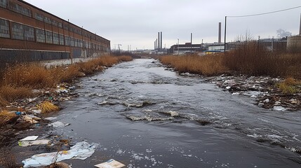 Obraz premium A photo of a polluted river with black and brown toxic wastewater flowing through a city. The riverbank is lined with industrial buildings. Contamination, environment 