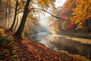 Soft Sunlight Filters Through Autumn Branches, Casting Tranquil Reflections on a Serene River Scene