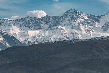 Horizontal close up mountans peak view with snow