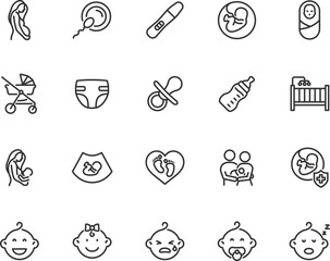 Vector set of maternity line icons. Contains icons pregnancy, baby, lactation, diaper, pacifier, stroller, childbirth, pregnancy test, cot and more. Pixel perfect.