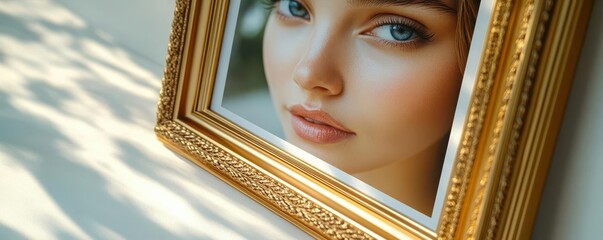 Obraz premium A close-up of a woman's face framed in an ornate gold frame, with soft shadows and bright blue eyes, capturing a serene and captivating expression.