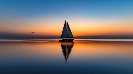 Fototapeta premium Sailboat on calm water at sunset, vibrant sky reflecting on the glassy surface.