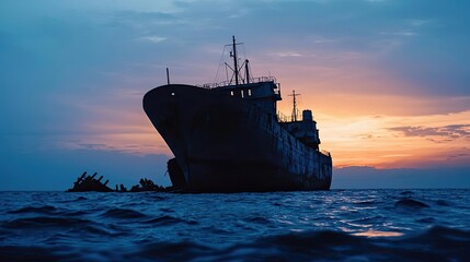 Fototapeta premium Silhouette of a ship against a vibrant sunset over calm waters.