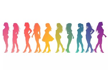 Vector illustration of a silhouette group of different women in profile, isolated on a white background, in rainbow colors