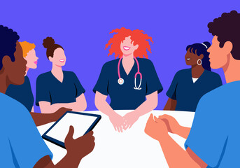 Team of diverse healthcare workers discussing in meeting