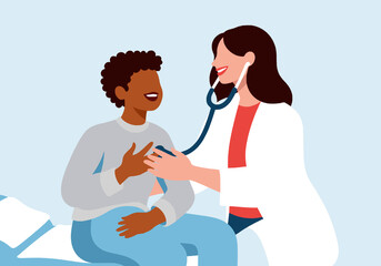 Smiling doctor examining heartbeat of patient in clinic at hospital