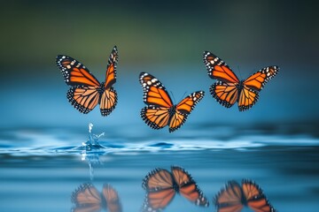 Fototapeta premium Monarch butterflies flying above water with a reflection on the surface, against a blue background.