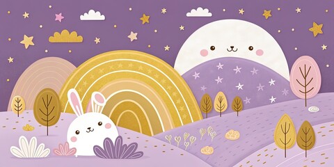 minimalist cute cartoon purple gold background