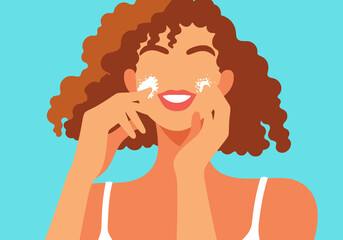 Smiling woman with curly hair applying face cream against colored background