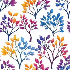 Watercolor seamless pattern tree, blended colors, isolated on a white background.