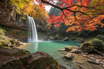 Vibrant Autumn Foliage Surrounds a Stunning Waterfall in a Serene Natural Landscape Scene