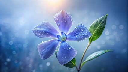 A delicate periwinkle flower surrounded by a misty atmosphere with small droplets of dew gently dripping from its petals, wild flowers, trees, periwinkle, forest