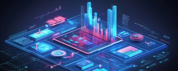 Obraz premium Strategic planning analysis with futuristic data displays and trend charts, visionary business view, 3D illustration