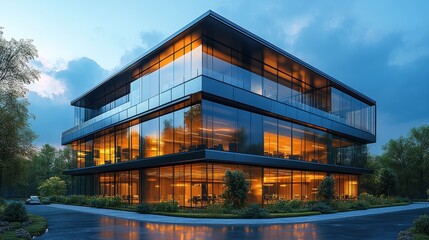 Modern glass building with illuminated interiors at dusk.
