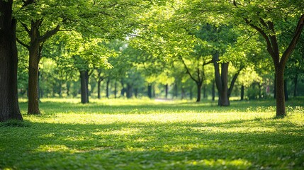 Naklejka premium Lush green trees with sunlight filtering through the canopy, creating a serene and peaceful atmosphere in a forest.