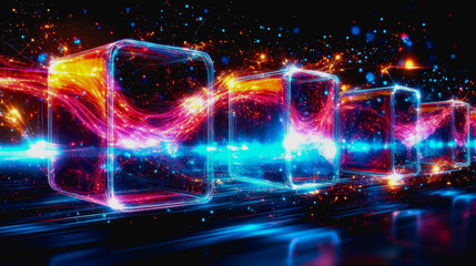 This abstract digital artwork features geometric blocks with vibrant colors and glowing lights, creating a dynamic and modern visual experience that captivates viewers.
