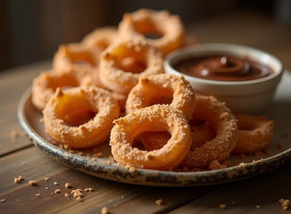 Crispy Golden Onion Rings with Dipping Sauce on Rustic Plate 