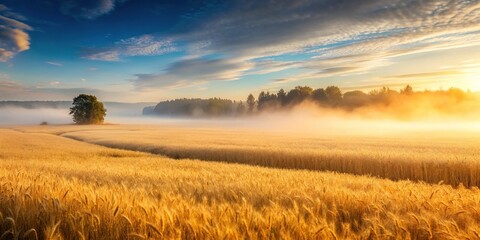 Obraz premium A misty morning scene with fog rolling in over a landscape of golden wheat fields, nature photography, agricultural land, misty dawn, autumn landscape