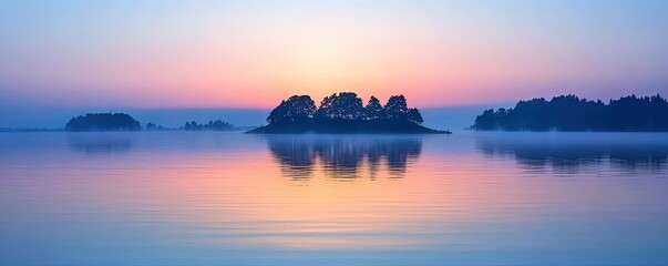 Obraz premium Tranquil sunrise over a serene lake with silhouettes of islands.