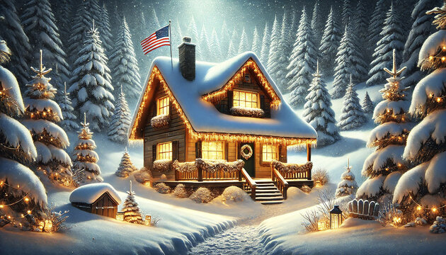 Christmas and New Year in the USA. The winter christmas village is a beautiful sight and an American flag. A snow-covered house, the snow is falling softly and the lights are shining. Vintage postcard
