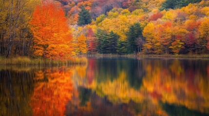 The stillness of a lake surrounded by fall foliage, capturing the essence