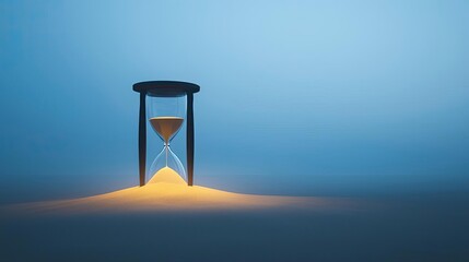 An hourglass with flowing sand on a blue background, symbolizing time and reflection.