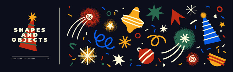 Playful, colorful hand-drawn shapes and holiday-themed objects on a dark background, featuring stars, spirals, and abstract decorations. Ideal for festive and celebratory designs.