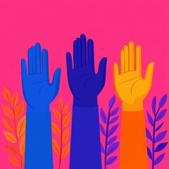 Colorful raised hands against a vibrant background symbolize unity and support.