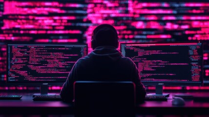 Hacker working on cybersecurity research, surrounded by code-filled monitors Research, Cybersecurity