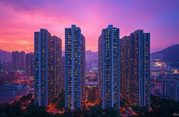 Obraz premium Hong Kong Skyline Twilight Cityscape Urban Buildings Nighttime Purple Sky