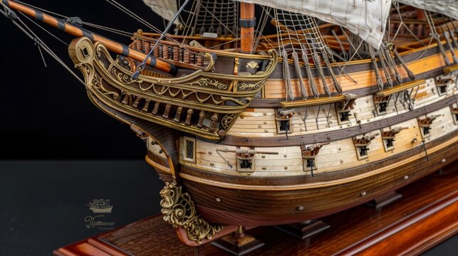 Intricate 3d model of 16th century spanish galleon ship displayed on elegant wooden stand